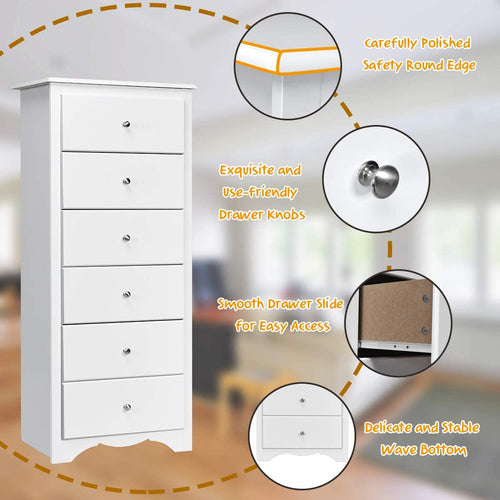 White Wooden 6 Drawer Dresser Chest For Bedroom Storage
