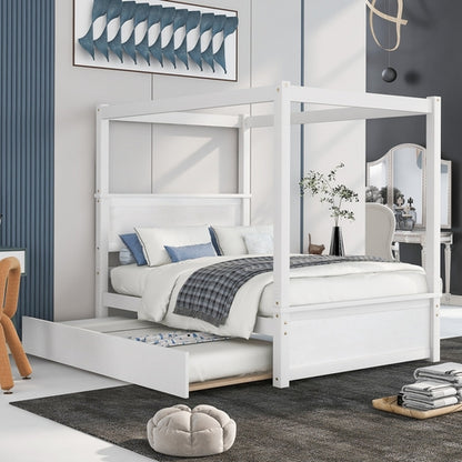 Wood Canopy Bed with Trundle Bed ,Full Size Canopy Platform bed With