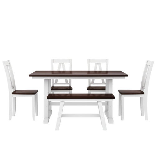 6-Piece Wood Dining Table Set with Long Bench and 4 Dining Chairs,