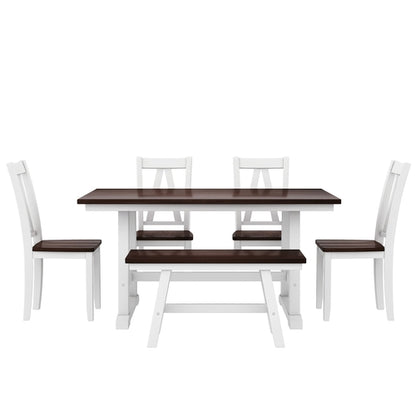 6-Piece Wood Dining Table Set with Long Bench and 4 Dining Chairs,
