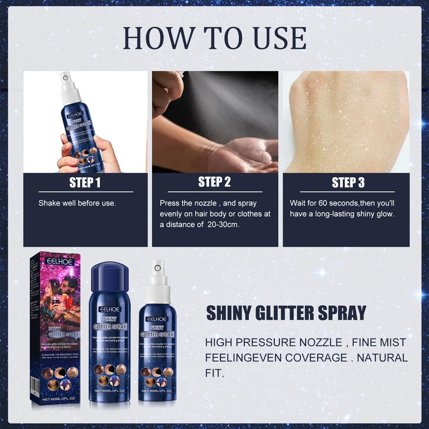 EELHOE Glitter Spray, Halloween Brightening Makeup Night Club Party Clothing Highlights Skin Brightening Powder