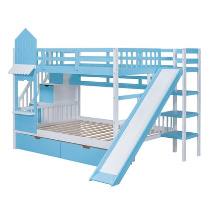 Full-Over-Full Castle Style Bunk Bed with 2 Drawers, 3 Shelves and