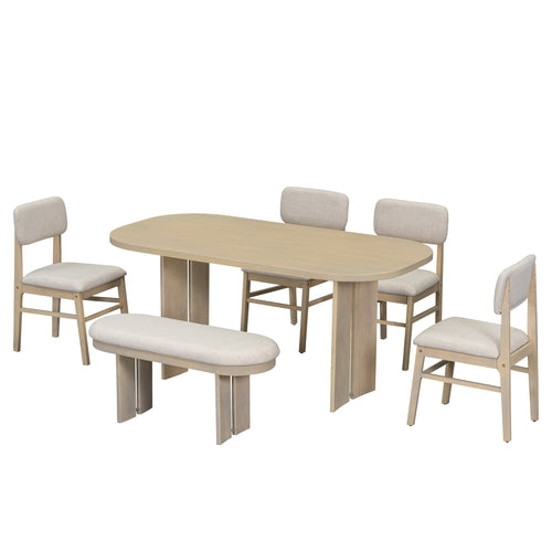 Solid Wood Dining Table Set with Bench - 6-Piece Upholstered