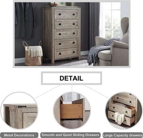 Rustic Oak Tall Dresser 5 Drawer Chest For Bedroom