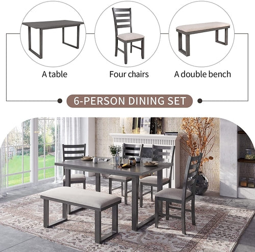 6 Piece Rustic Wood Dining Set With Bench And Chairs