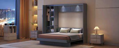 Queen Size Murphy Bed Wall Bed with Shelves, Wardrobe and LED Lights