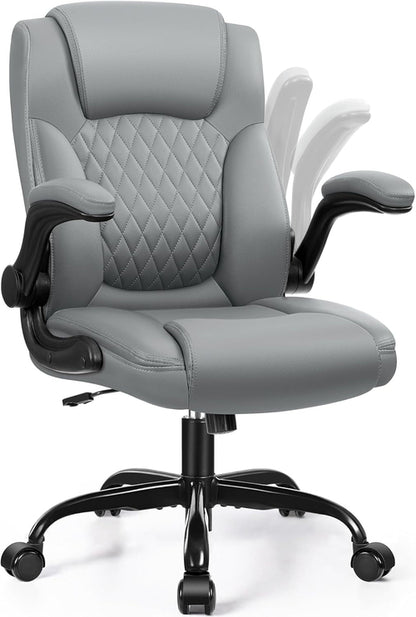 Gray PU Leather Office Chair With Ergonomic Back Support