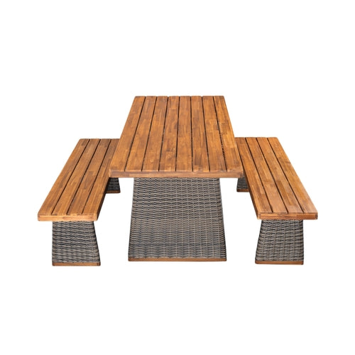 Outdoor 3 Piece Acacia Wood Dining Set with Handwoven Rattan Legs