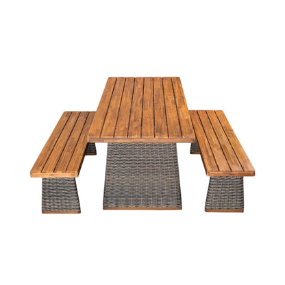 Outdoor 3 Piece Acacia Wood Dining Set with Handwoven Rattan Legs