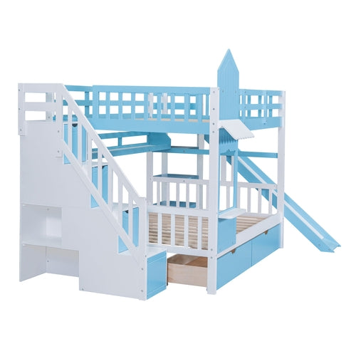 Full-Over-Full Castle Style Bunk Bed with 2 Drawers, 3 Shelves and