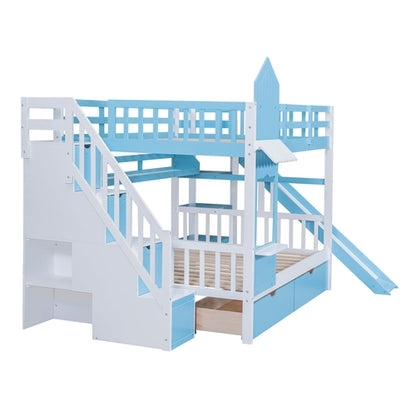 Full-Over-Full Castle Style Bunk Bed with 2 Drawers, 3 Shelves and