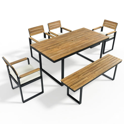 6-Piece Outdoor Dining Set, Acacia Wood, 1 Table with 4 Chairs & 1