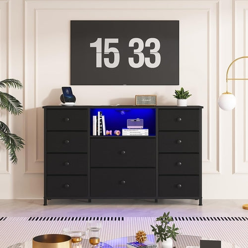 Black Dresser With Charging Station And LED Lights
