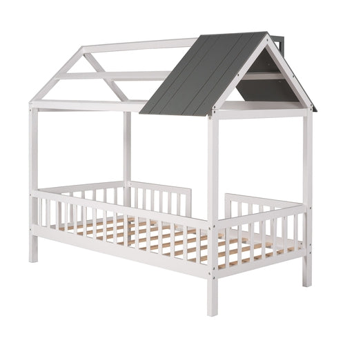Twin Size Wood House Bed with Fence,White+Gray