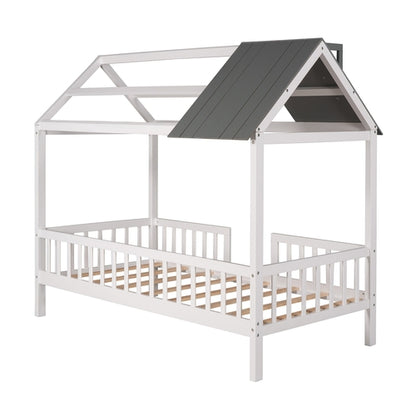 Twin Size Wood House Bed with Fence,White+Gray