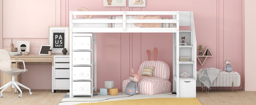 Twin size Loft Bed with Storage Drawers and Stairs, Wooden Loft Bed
