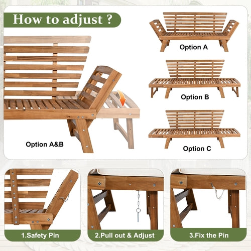 Outdoor Adjustable Patio Wooden Daybed Sofa Chaise Lounge with