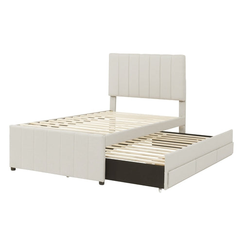 Upholstered Platform Bed with Trundle and 3 Drawers, Linen Fabric