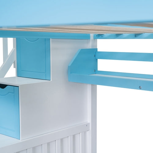 Full-Over-Full Castle Style Bunk Bed with 2 Drawers, 3 Shelves and