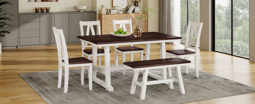 6-Piece Wood Dining Table Set with Long Bench and 4 Dining Chairs,