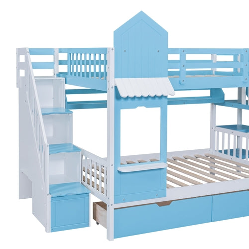 Full-Over-Full Castle Style Bunk Bed with 2 Drawers, 3 Shelves and