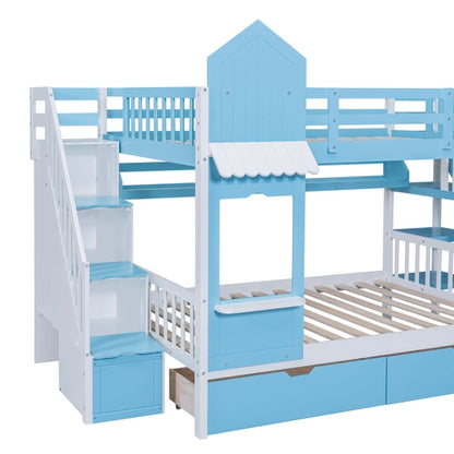 Full-Over-Full Castle Style Bunk Bed with 2 Drawers, 3 Shelves and
