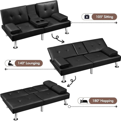 Convertible Sofa Bed Black Faux Leather With Cup Holders