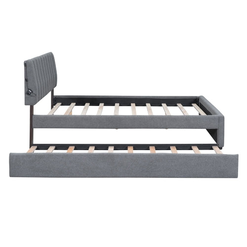 Platform Bed Twin XL Gray and Beige Fleece Upholstered with Trundle