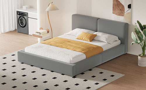 Queen Size Upholstered Platform Bed with Velvet Fabric, Grounded Bed
