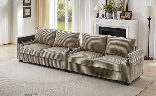 Modern 4-Seater Corduroy Sofa Couch with USB Ports, Hidden Storage and