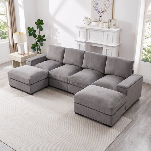 Sectional Sofa Deep Seat Sofa Couch With Ottomans, Corduroy Sofa