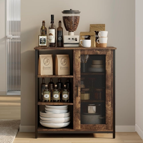 Mini Coffee Bar Cabinet 27.5 Inch Brown Finish Storage Unit