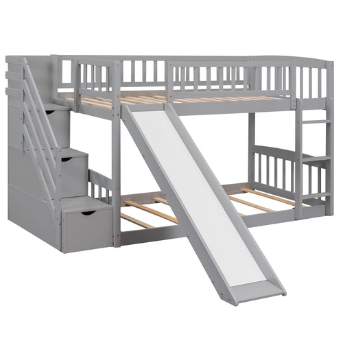 Stairway Twin over Twin Bunk Bed with Two Drawers and Slide, Gray
