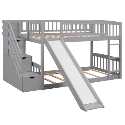 Stairway Twin over Twin Bunk Bed with Two Drawers and Slide, Gray