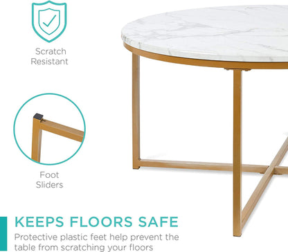 Round Coffee Table With Faux Marble Top Cross Leg Design