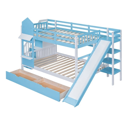 Full-Over-Full Castle Style Bunk Bed with 2 Drawers, 3 Shelves and