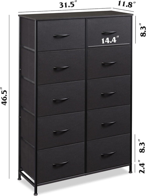 Tall Black Dresser With 10 Drawers And Fabric Bins Storage Organizer