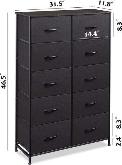 Tall Black Dresser With 10 Drawers And Fabric Bins Storage Organizer