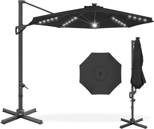 10 Ft Solar LED Cantilever Patio Umbrella With 360 Degree Rotation And