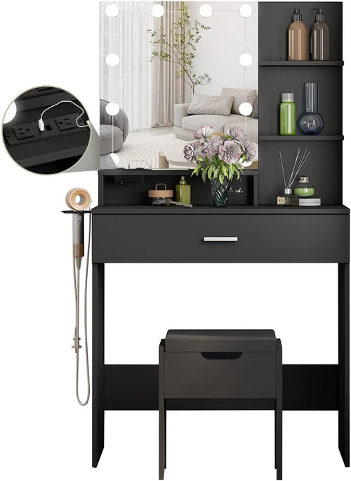 Black Makeup Vanity Table With Lighted Mirror And USB Ports