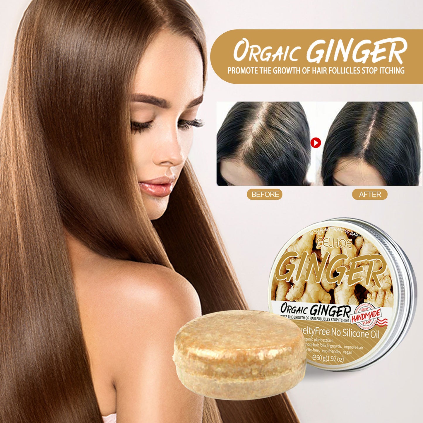 EELHOE Ginger Soap, Anti-Loss Hair Care Tight Hair Clean And Smooth Hair Moisturizing Scalp Shampoo Soap