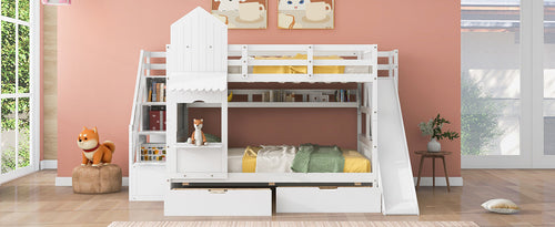 Full-Over-Full Castle Style Bunk Bed with 2 Drawers, 3 Shelves and