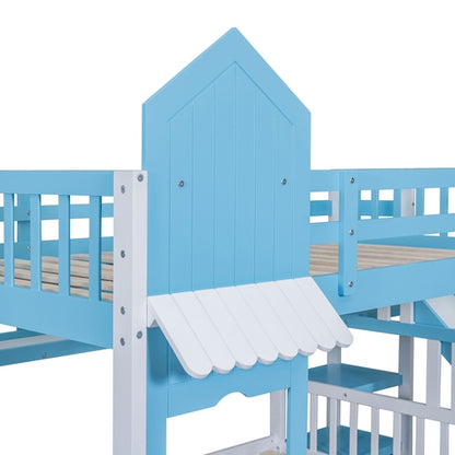 Full-Over-Full Castle Style Bunk Bed with 2 Drawers, 3 Shelves and