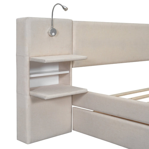Queen Size Upholstered Platform Bed with Reading Lights, Drawers,