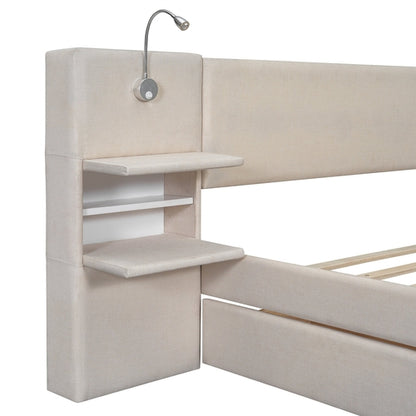 Queen Size Upholstered Platform Bed with Reading Lights, Drawers,