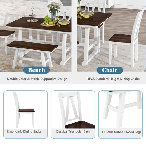 6-Piece Wood Dining Table Set with Long Bench and 4 Dining Chairs,