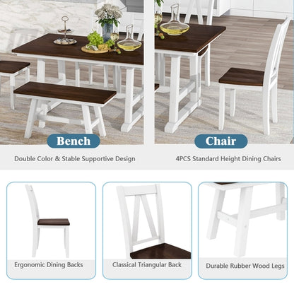 6-Piece Wood Dining Table Set with Long Bench and 4 Dining Chairs,