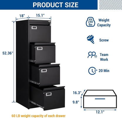 Lockable 4 Drawer Vertical File Cabinet Black Metal For Home Office