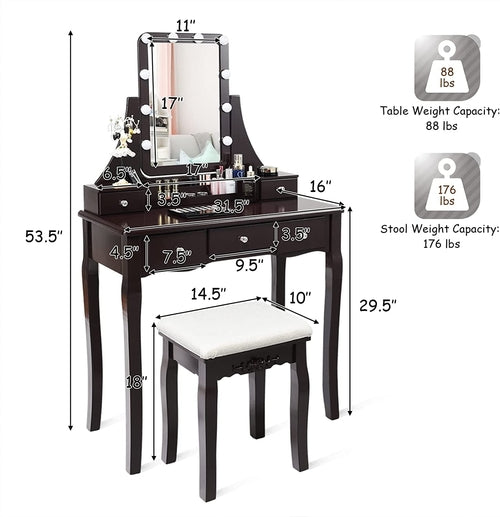 Brown Vanity Table Set With 10 LED Lights For Bedroom