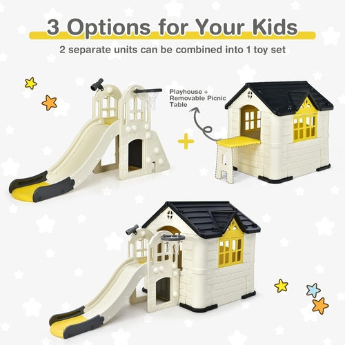 7-in-1 Kids Playhouse Slide Cottage Picnic Yellow